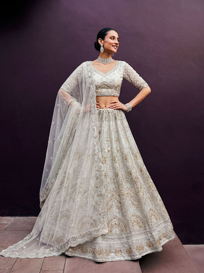 White Pure Soft Net Heavy Embroidery Work Bridal Lehenga 
