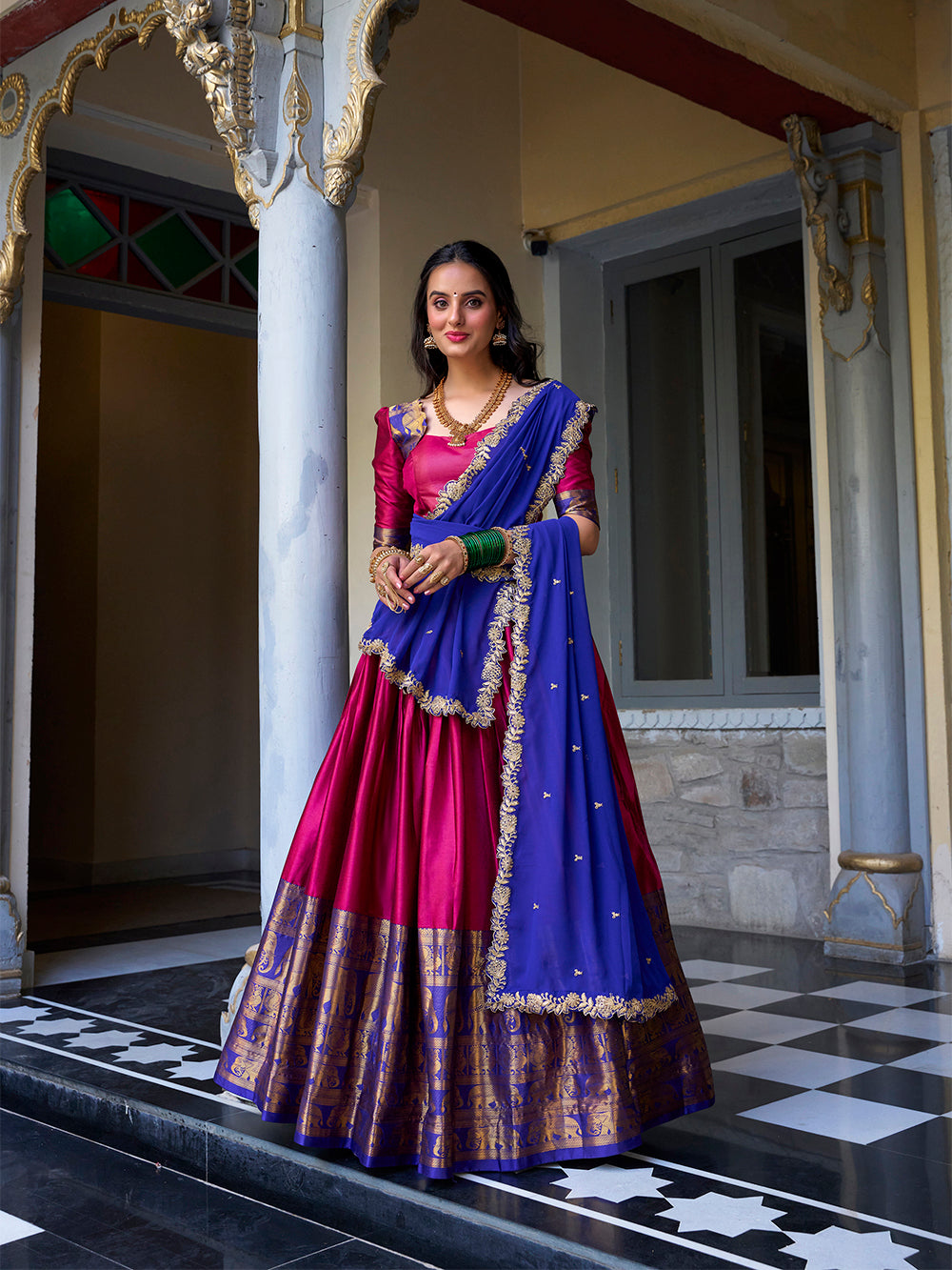Pink Pure Narayan Pattu with Zari Weaving &amp; Embroidery Paithani Lehenga Choli