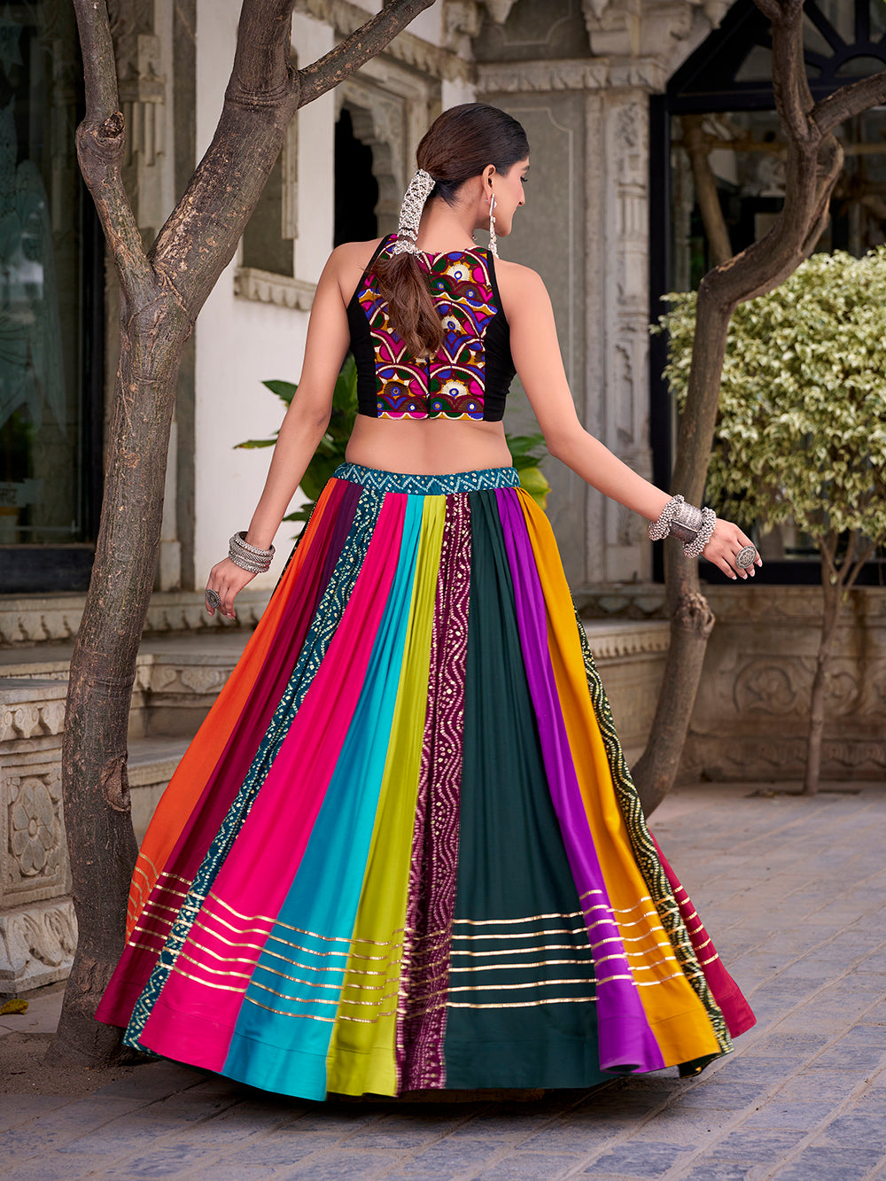 Multicolour Pure Reyon Cotton Embroidery Work Navratri Lehenga Choli