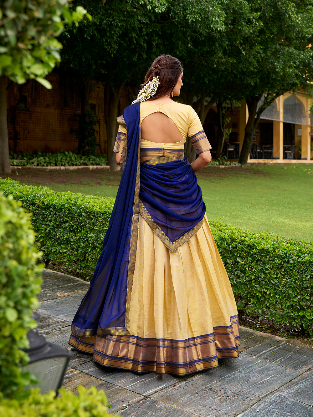 Navy Blue Pure Kanchipuram Silk Zari Weaving South Indian Lehenga Choli