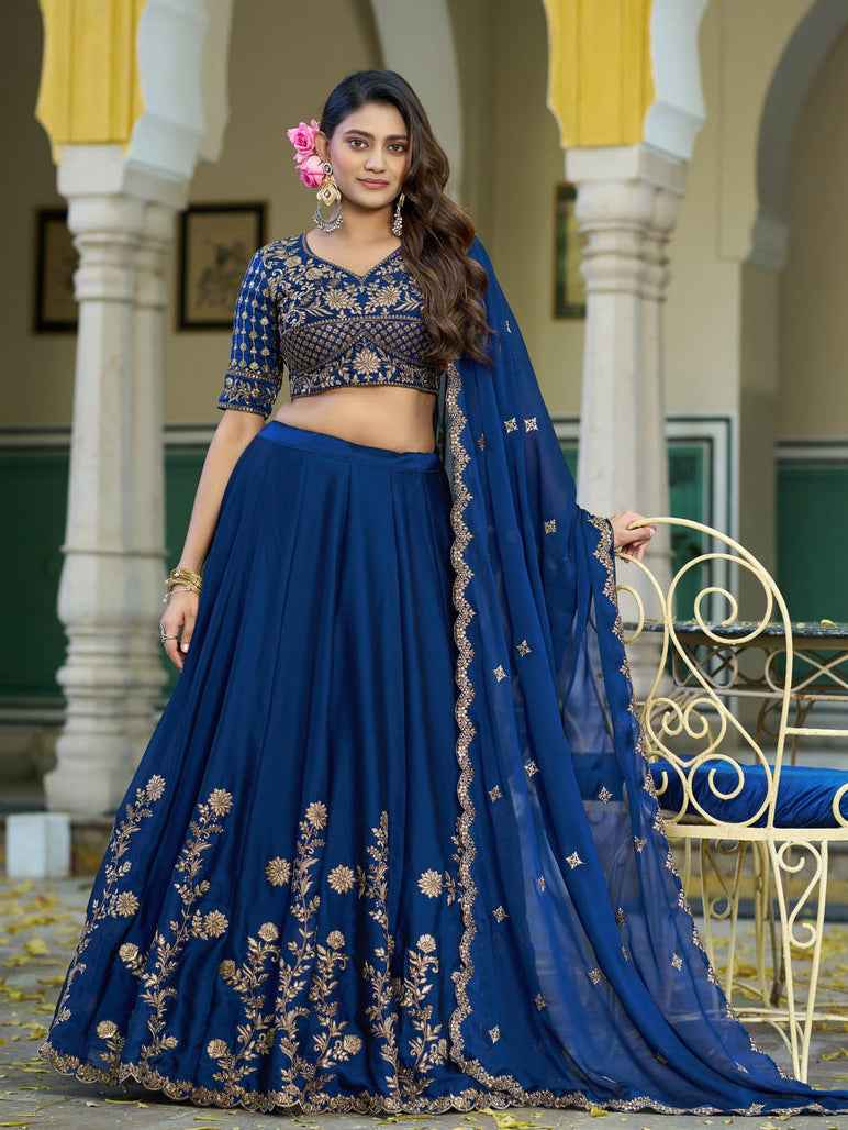 Navy Blue Pure Rangoli Silk Sequins &amp; Thread Embroidery Work Lehenga Choli