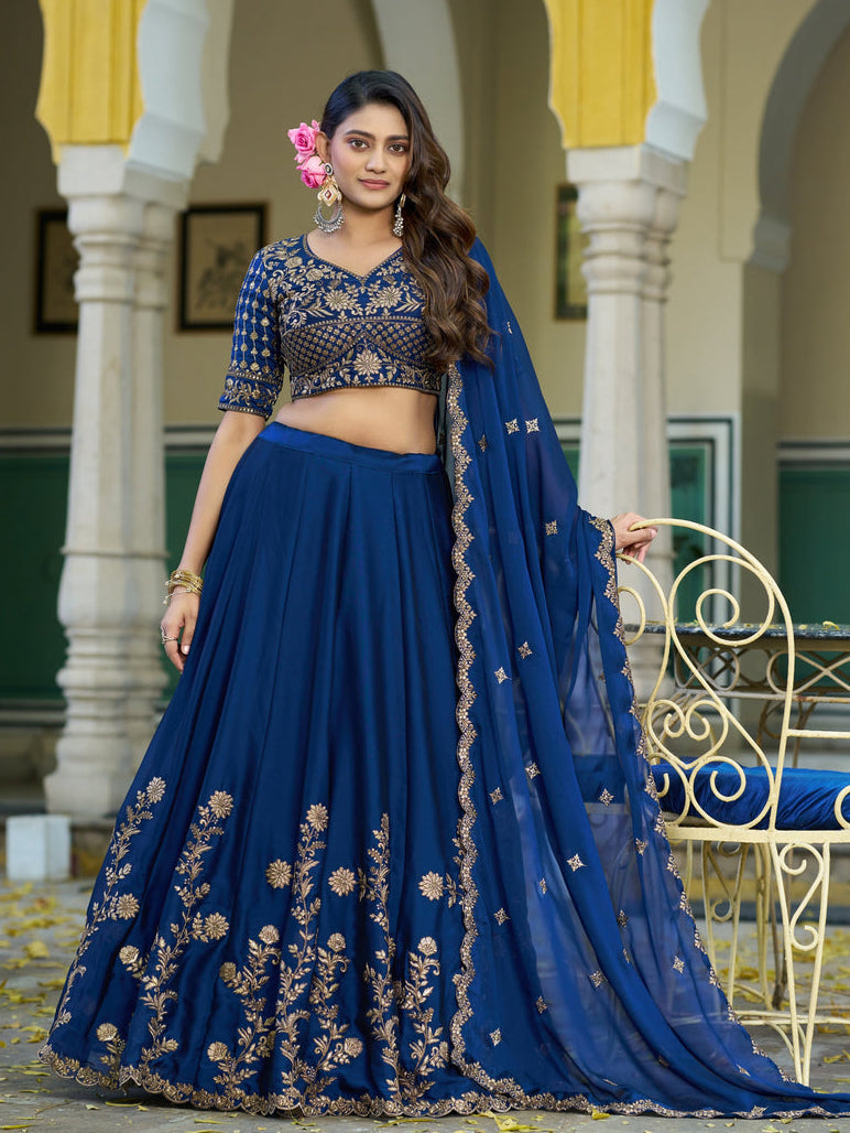 Navy Blue Pure Rangoli Silk Sequins &amp; Thread Embroidery Work Lehenga Choli