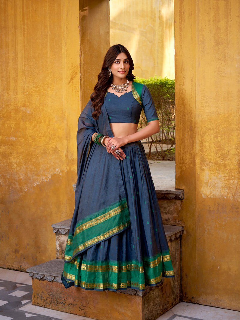 Navy Blue Color Zari Weaving Work Chanderi Lehenga Choli ##color## Sequins Lehenga with premium fabric and embroidery
