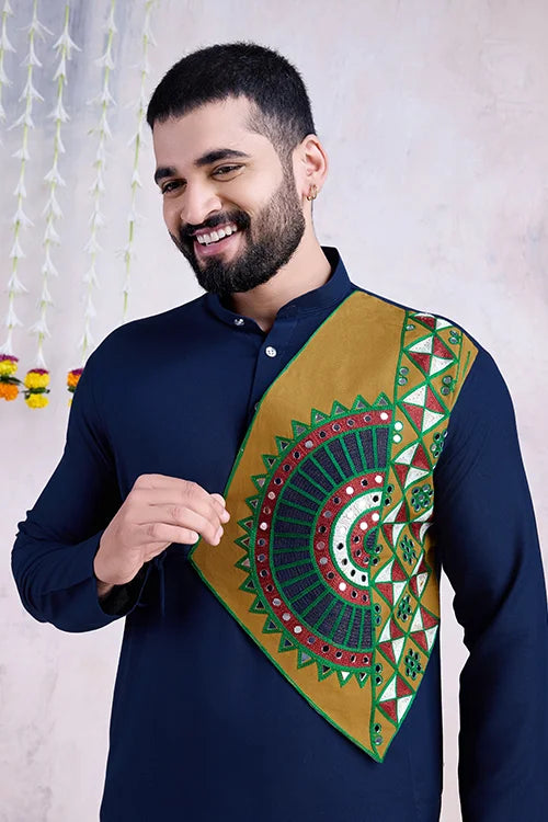 Navy Blue Navratri Special Designer Embroiered Kurta for Men&