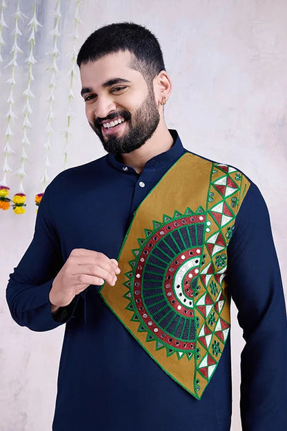 Navy Blue Navratri Special Designer Embroiered Kurta for Men&