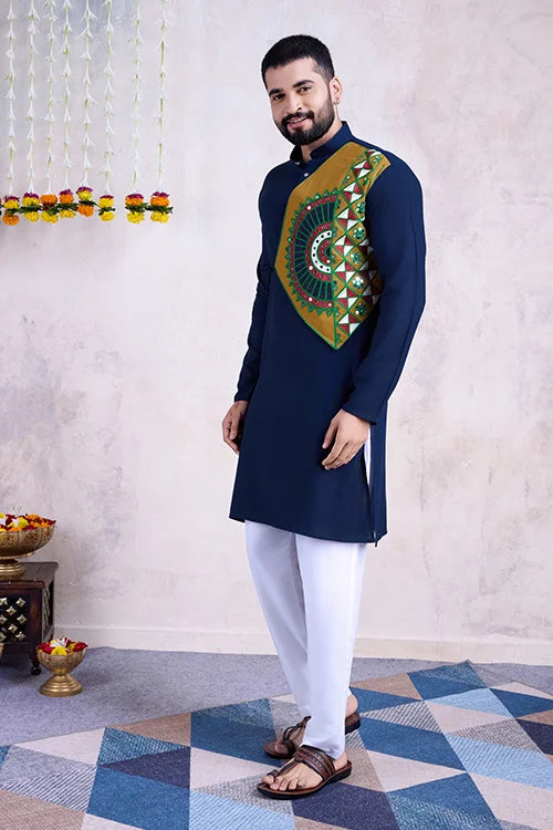 Navy Blue Navratri Special Designer Embroiered Kurta for Men&