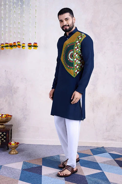 Navy Blue Navratri Special Designer Embroiered Kurta for Men&