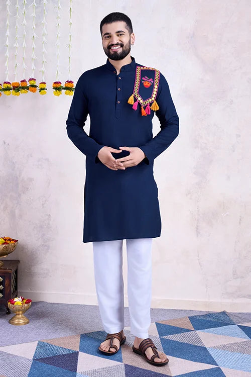Navy Color Real Mirror Work Navratri Special Mens Kurta Collection