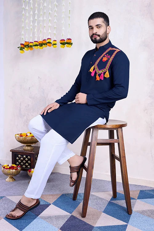 Navy Color Real Mirror Work Navratri Special Mens Kurta Collection
