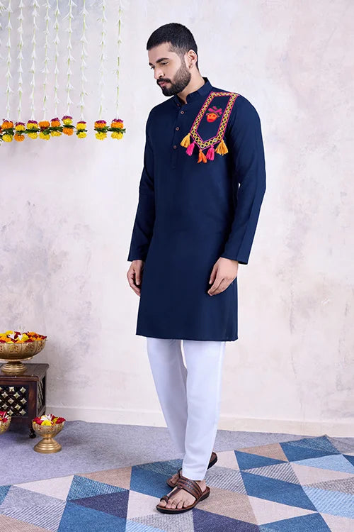 Navy Color Real Mirror Work Navratri Special Mens Kurta Collection