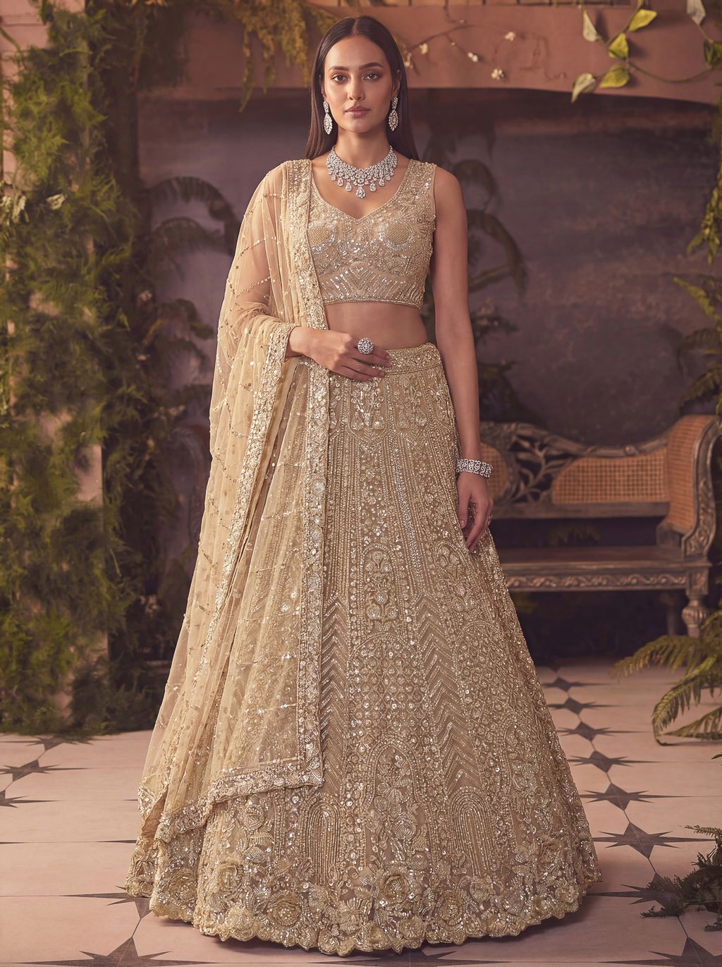 Beige Pure Soft Net Heavy Embroidery Work Bridal Lehenga 