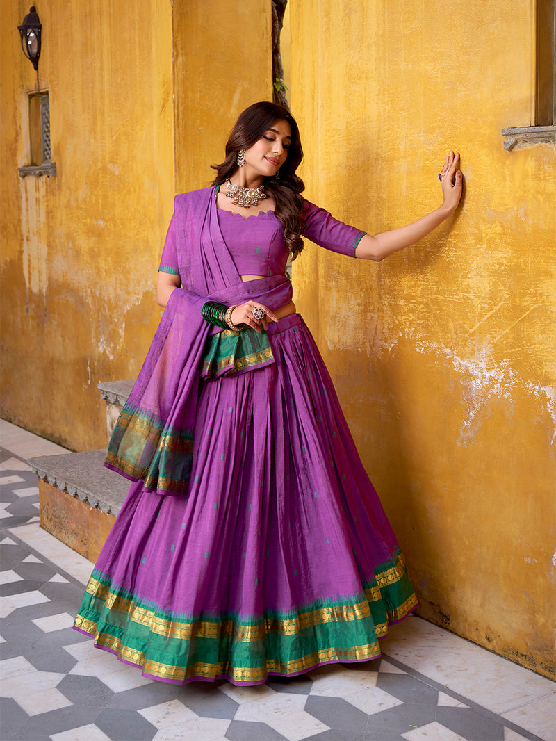 Purple Color Zari Weaving Work Chanderi Lehenga Chol ##color## Sequins Lehenga with premium fabric and embroidery