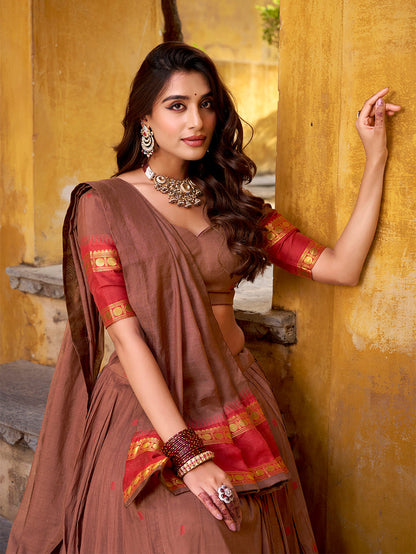 Brown Color Zari Weaving Work Chanderi Lehenga Choli 