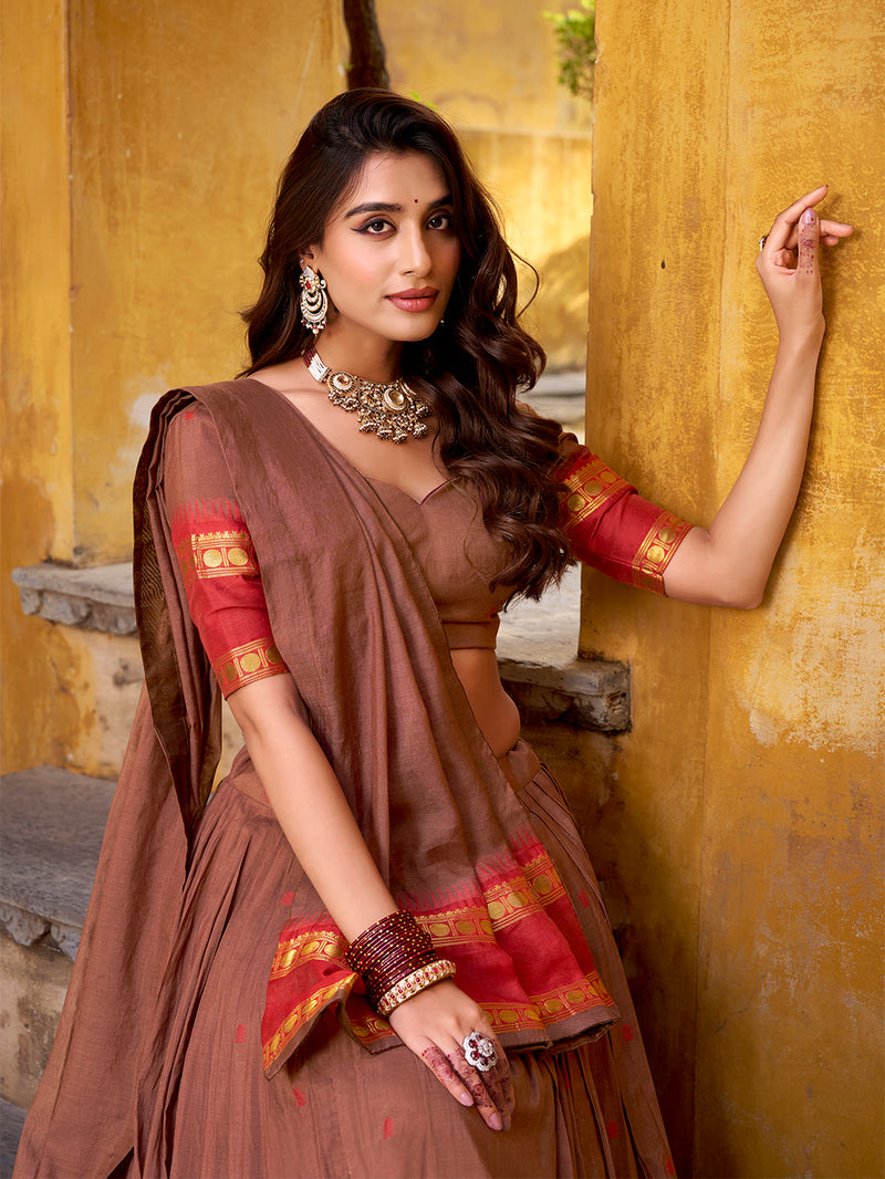 Brown Color Zari Weaving Work Chanderi Lehenga Choli ##color## Sequins Lehenga with premium fabric and embroidery
