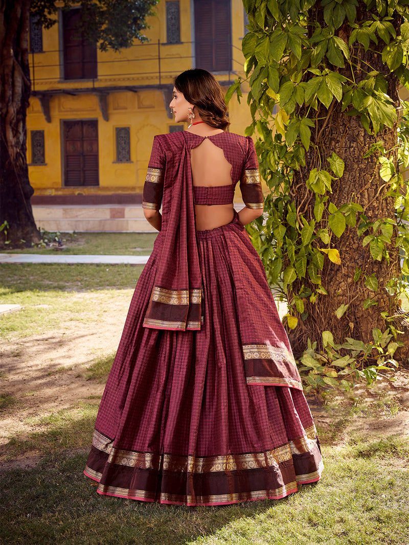 Mulberry Color Chex With Zari weaving Work Chettinad Cotton Lehenga Choli 