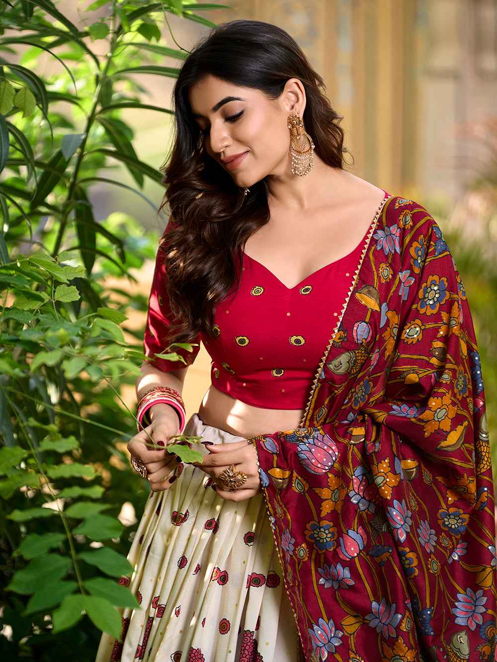 Off White Pure Tasar Silk Kalamkari Print With Foil Work  Lehenga Choli