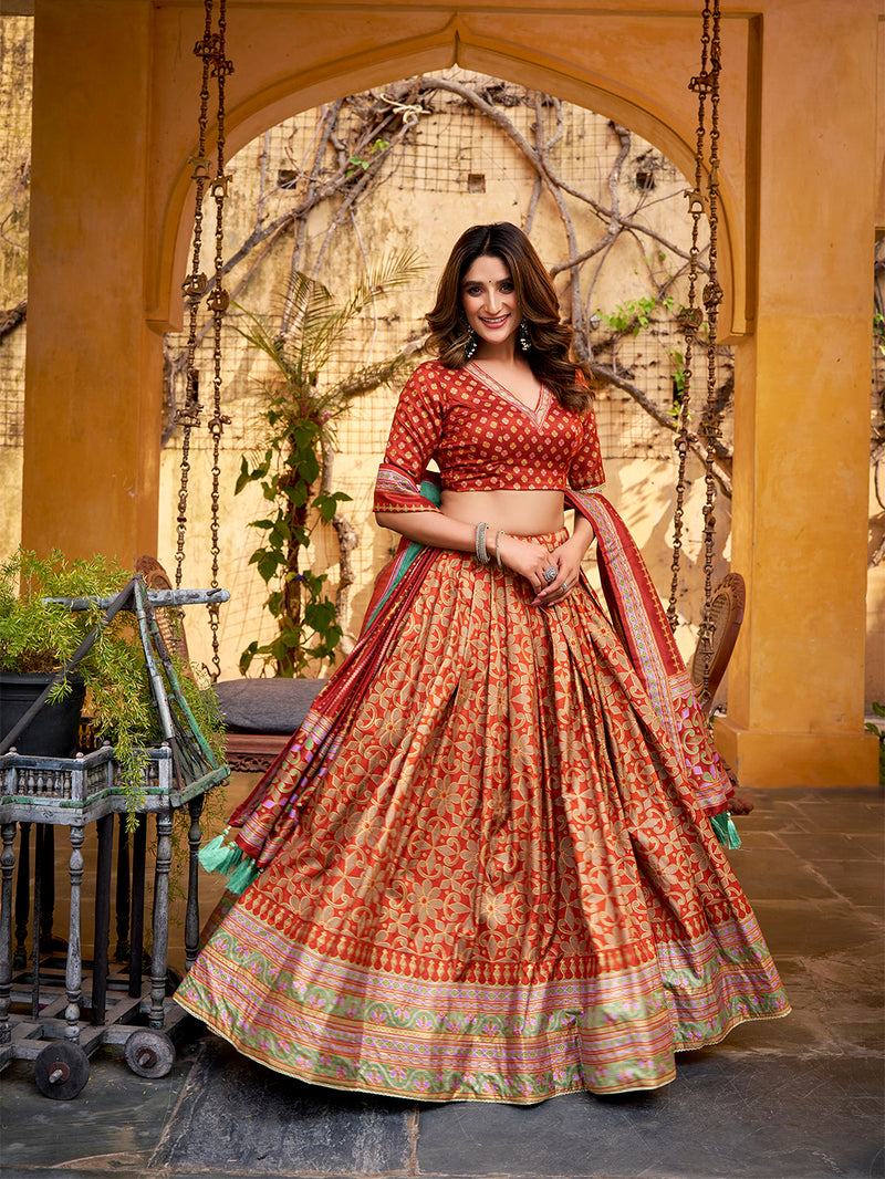 Rust Orange Color Tasar Silk Lehenga Choli ##color## Sequins Lehenga with premium fabric and embroidery