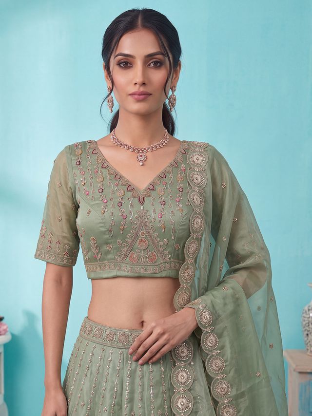 Pista Pure Chandnia Silk Handwork Motif Peacock Pattern Crystal Beads Multi Thread Dori &amp; Sequins Work Bridal Lehenga Choli