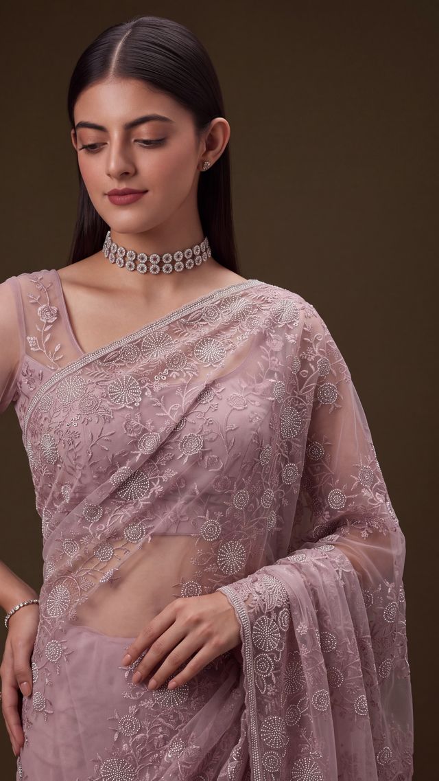 Lavender Pure Premium Net Handwork Kasti &amp; Motif Zari Metallic Sequins Work Wedding Saree