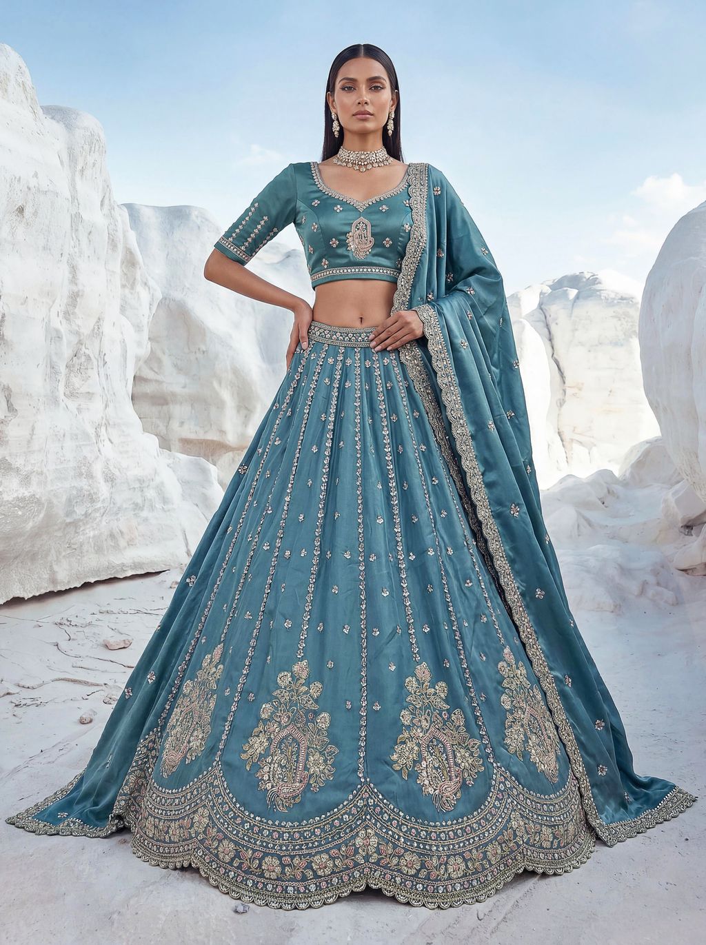 Sky Blue Pure Soft Silk Heavy Sequins Embellishment Work Bridal Lehenga Choli 