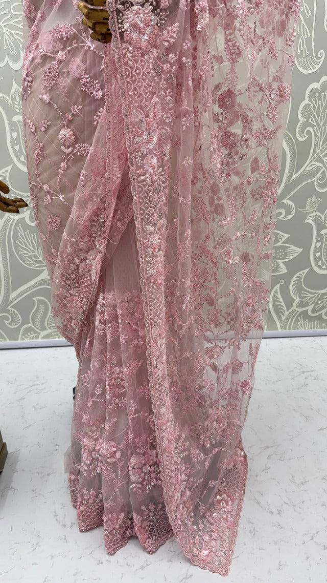 Pink Pure Premium Net Handwork Kasti &amp; Motif Zari Metallic Sequins Work Wedding Saree
