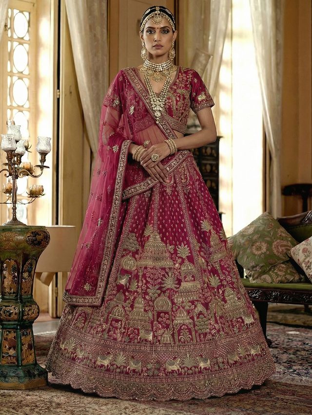 Pink Pure Soft Net Heavy Embroidery Work Bridal Lehenga