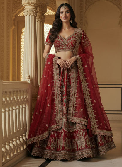 Red Pure Soft Silk Heavy Embroidery Work Bridal Lehenga