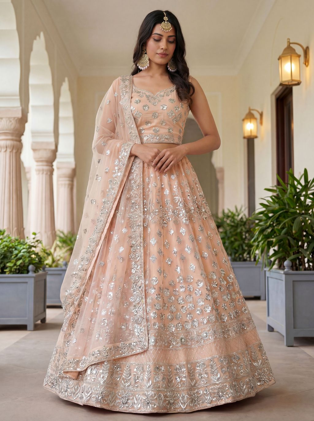 Peach Pure Soft Net Heavy Embroidery Work Bridal Lehenga 