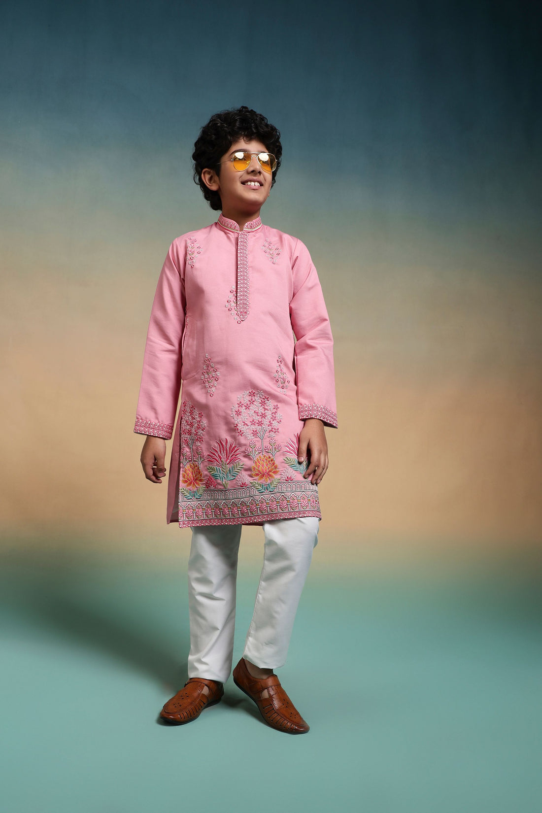 Pink Pure Viscose Silk Kids Boy Kurta Pajama