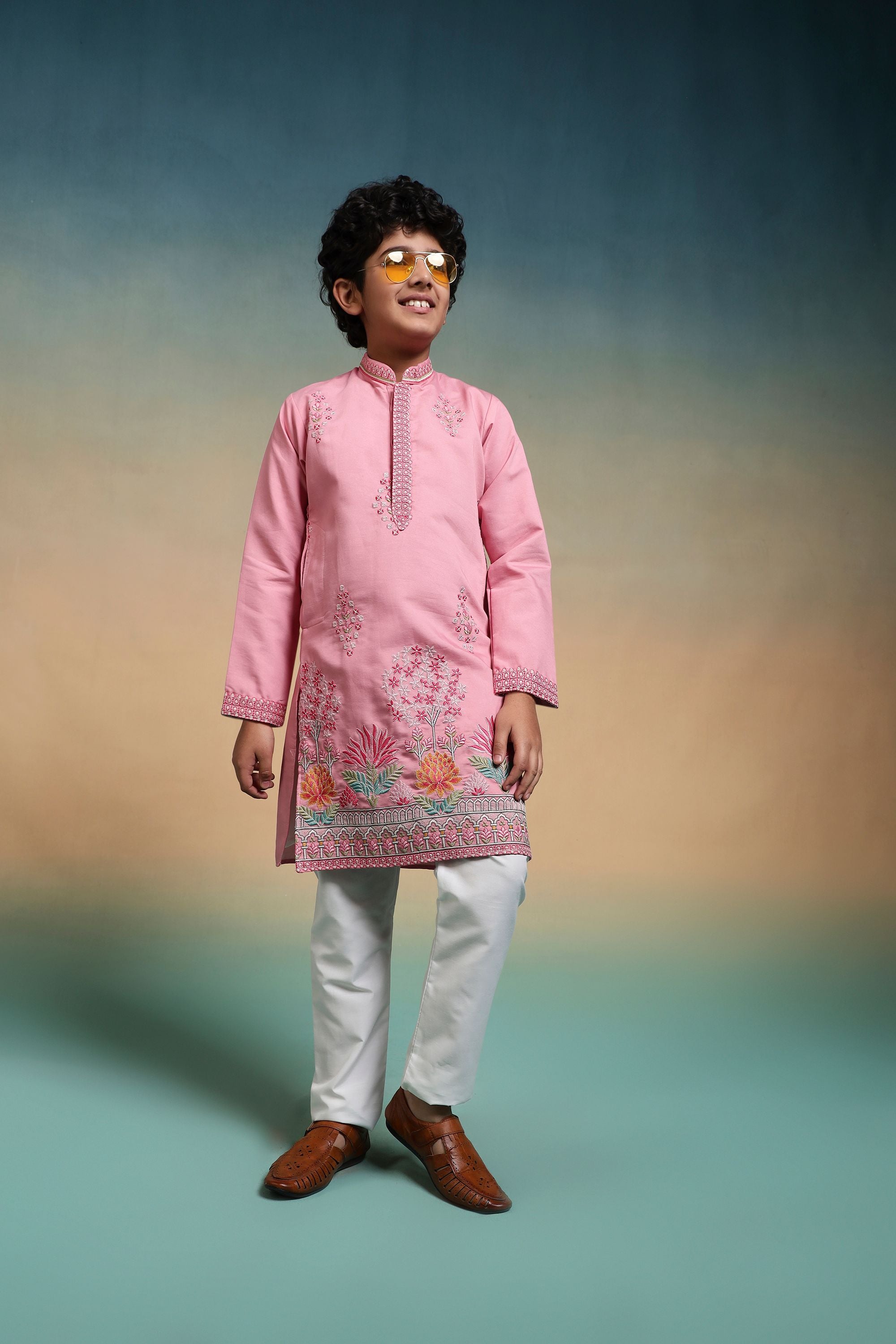 Pink Pure Viscose Silk Kids Boy Kurta Pajama
