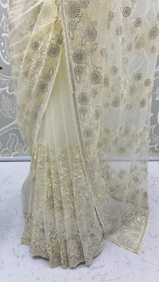Cream Pure Premium Net Handwork Kasti &amp; Motif Zari Metallic Sequins Work Wedding Saree