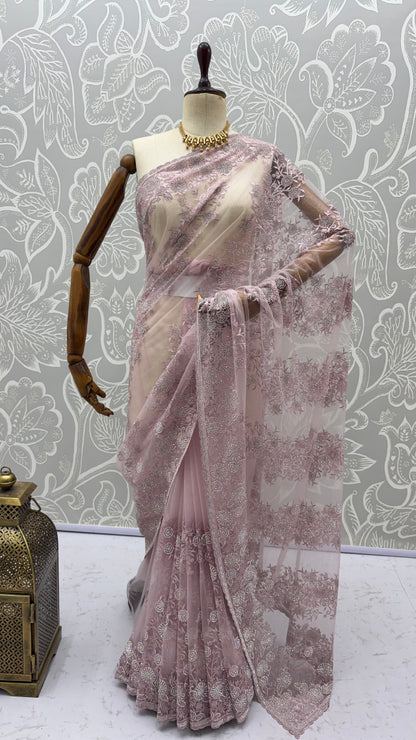 Lavender Pure Premium Net Handwork Kasti &amp; Motif Zari Metallic Sequins Work Wedding Saree