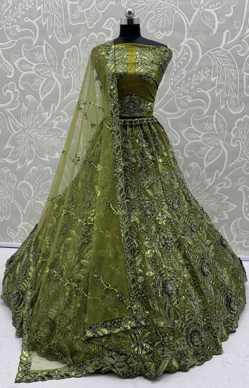 Olive Green Pure Soft Net Heavy Embroidery Work Bridal Lehenga