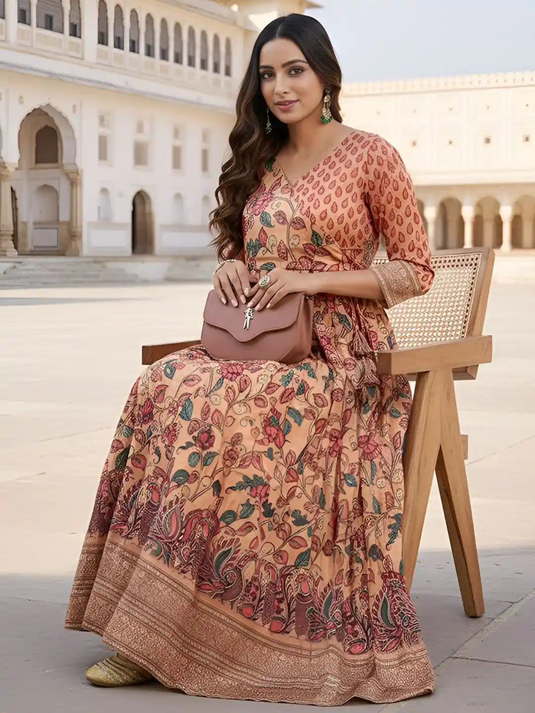 Salmon Peach Pure Silk Blend Kalamkari Anarkali Gown Anarkali Gown Anant Tex Exports Pvt.Ltd..
