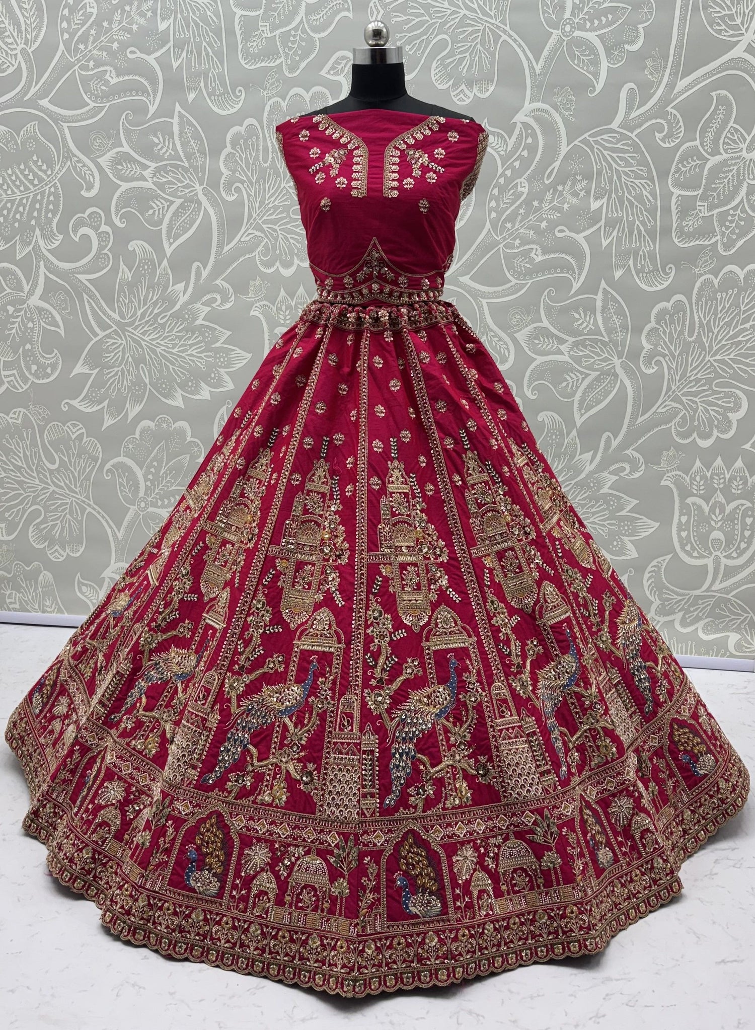 Rani Pink Pure Gadhwal Silk Khatali Handwork Sequins &amp; Crystal Bridal Lehenga Choli