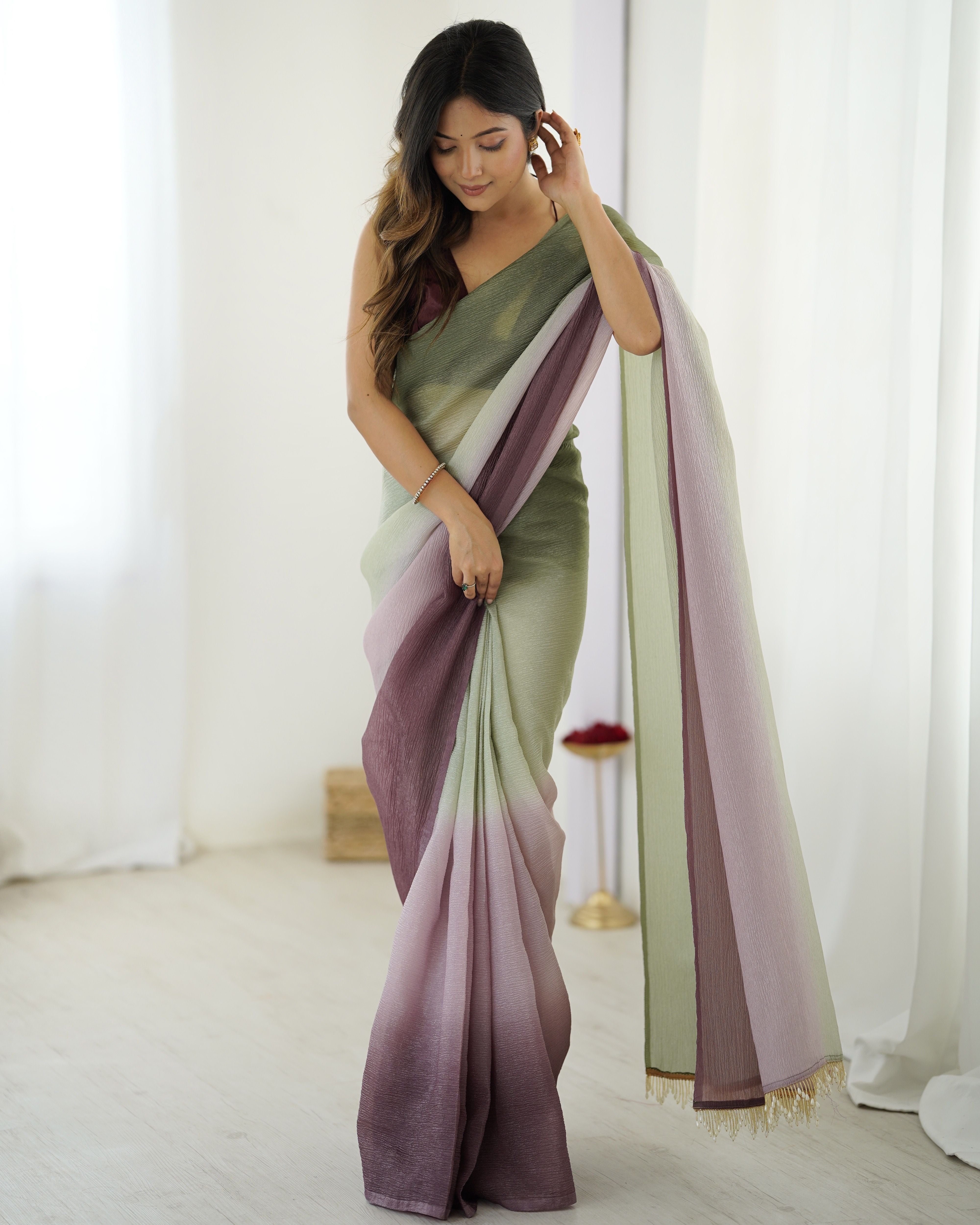 Green shaded Pure Soft Candy Crush Silk Ready to Wear Saree ##color## Ready to Wear Saree with premium fabric and embroidery