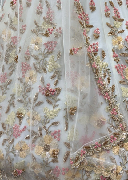 White Pure Soft Heavy Net Sequins Embroidery Work Bridal Lehenga 