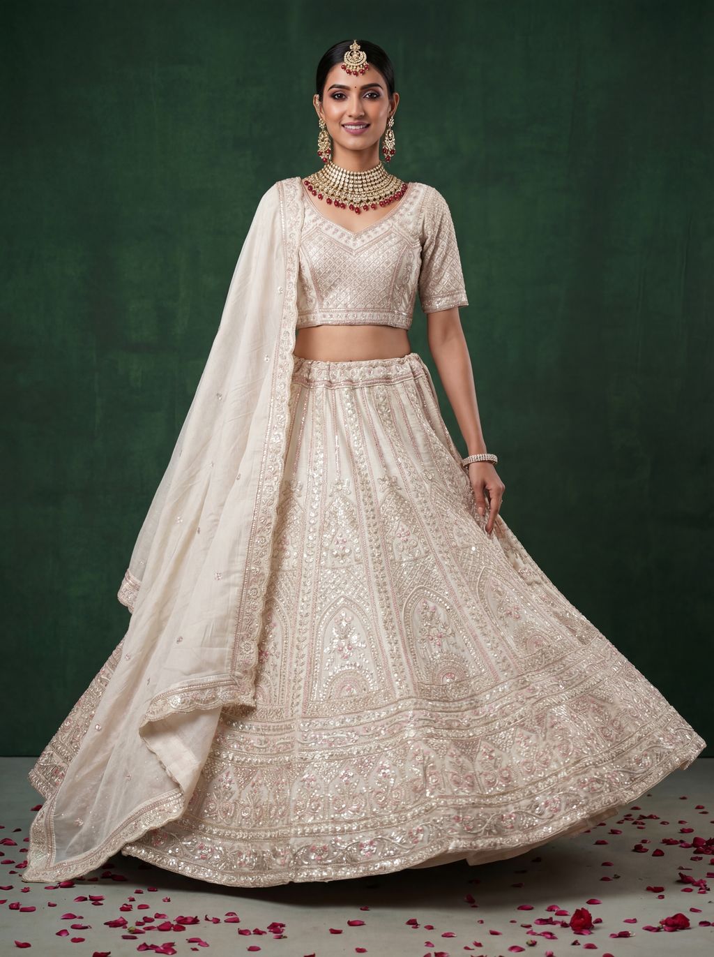 White Pure Soft Satin Silk Heavy Embroidery Work Bridal Lehenga