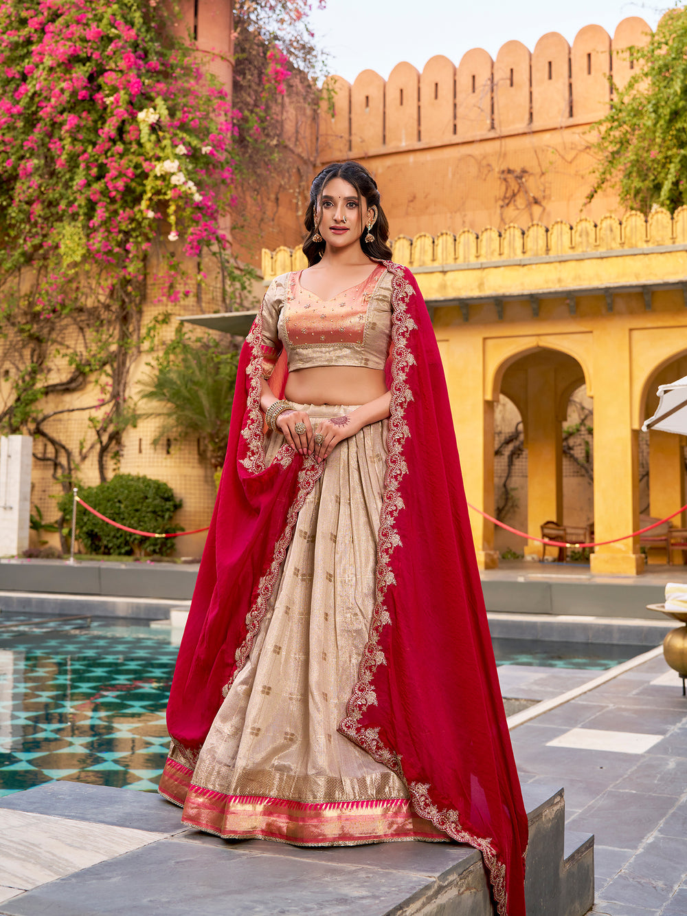 Off-white Pure Soft Slub Kota Zari Weaving Paithani Work Paithani Lehenga Choli