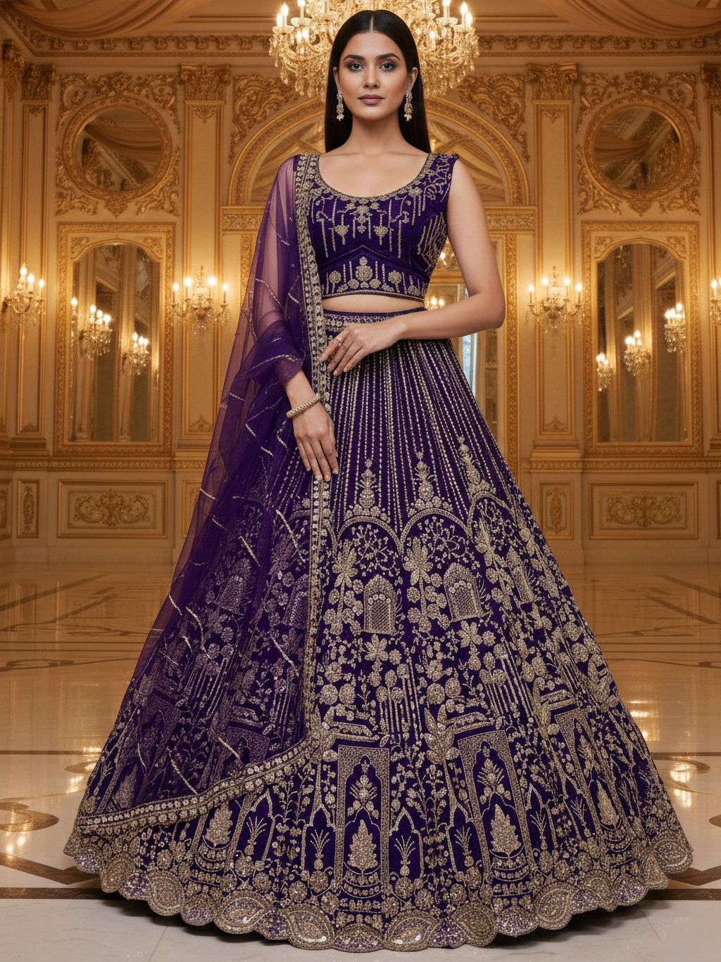 Violet Pure Soft Net Heavy Embroidery Work Bridal Lehenga