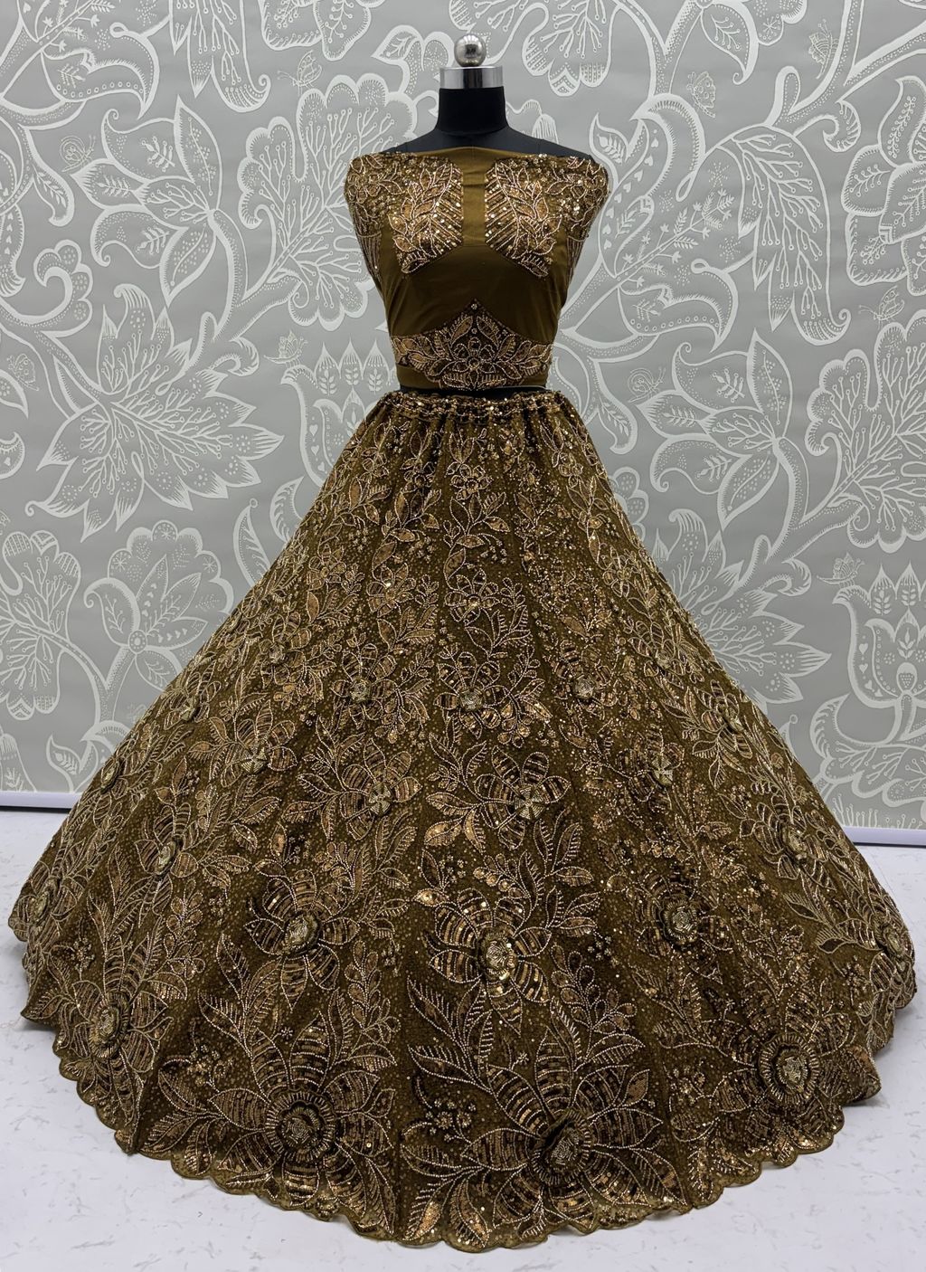Metallic Gold  Pure Soft Net Heavy Embroidery Work Bridal Lehenga