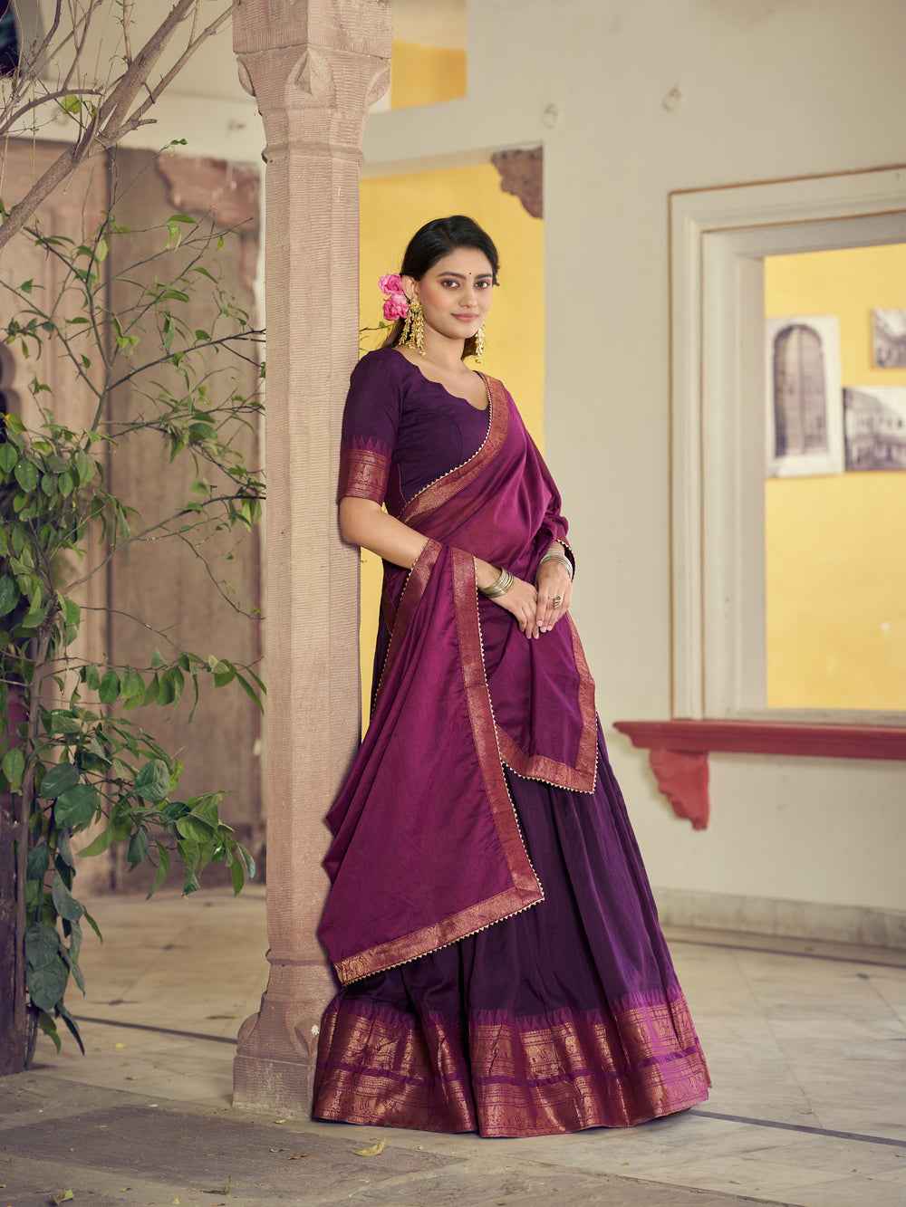 Purple Pure Poly Poly Cotton with Zari Woven Half Saree Lehenga