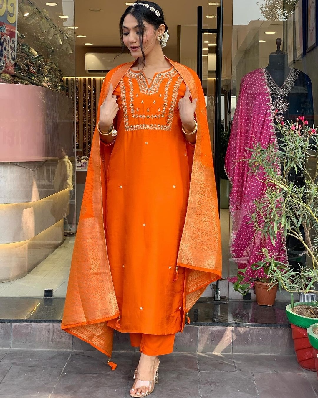 Orange Embroidered Viscose Chanderi Kurti Set