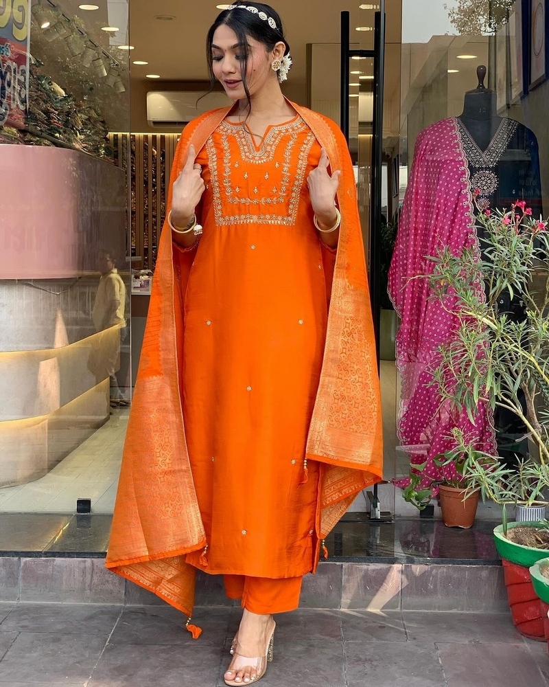 Orange Embroidered Viscose Chanderi Kurti Set
