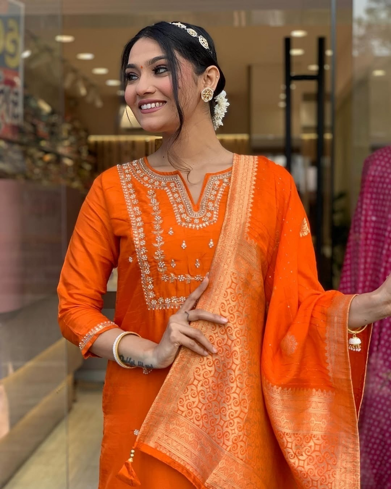 Orange Embroidered Viscose Chanderi Kurti Set