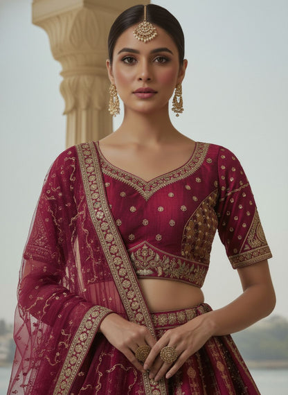 Raspberry Pure Soft Gadhwal Silk Heavy Embroidery Work Bridal Lehenga