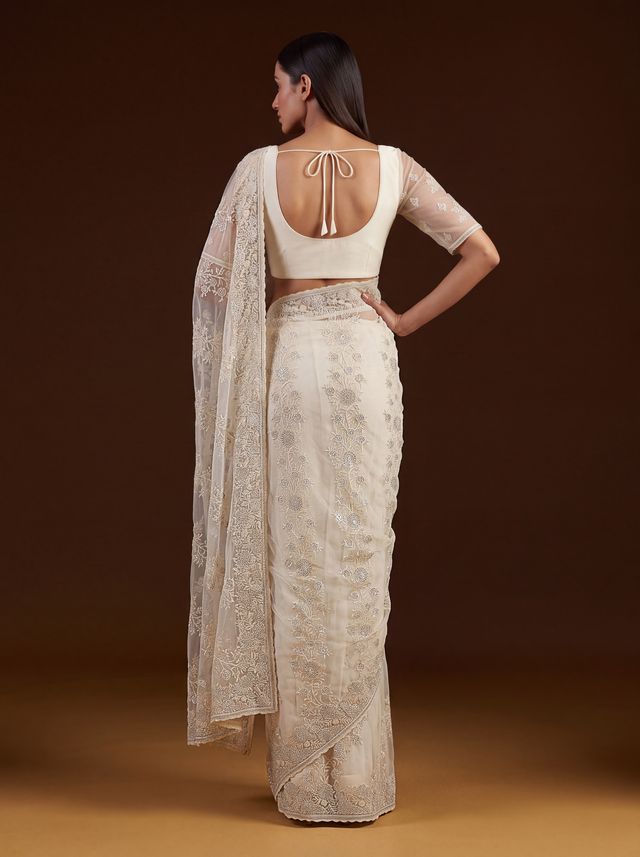 Cream Pure Premium Net Handwork Kasti &amp; Motif Zari Metallic Sequins Work Wedding Saree