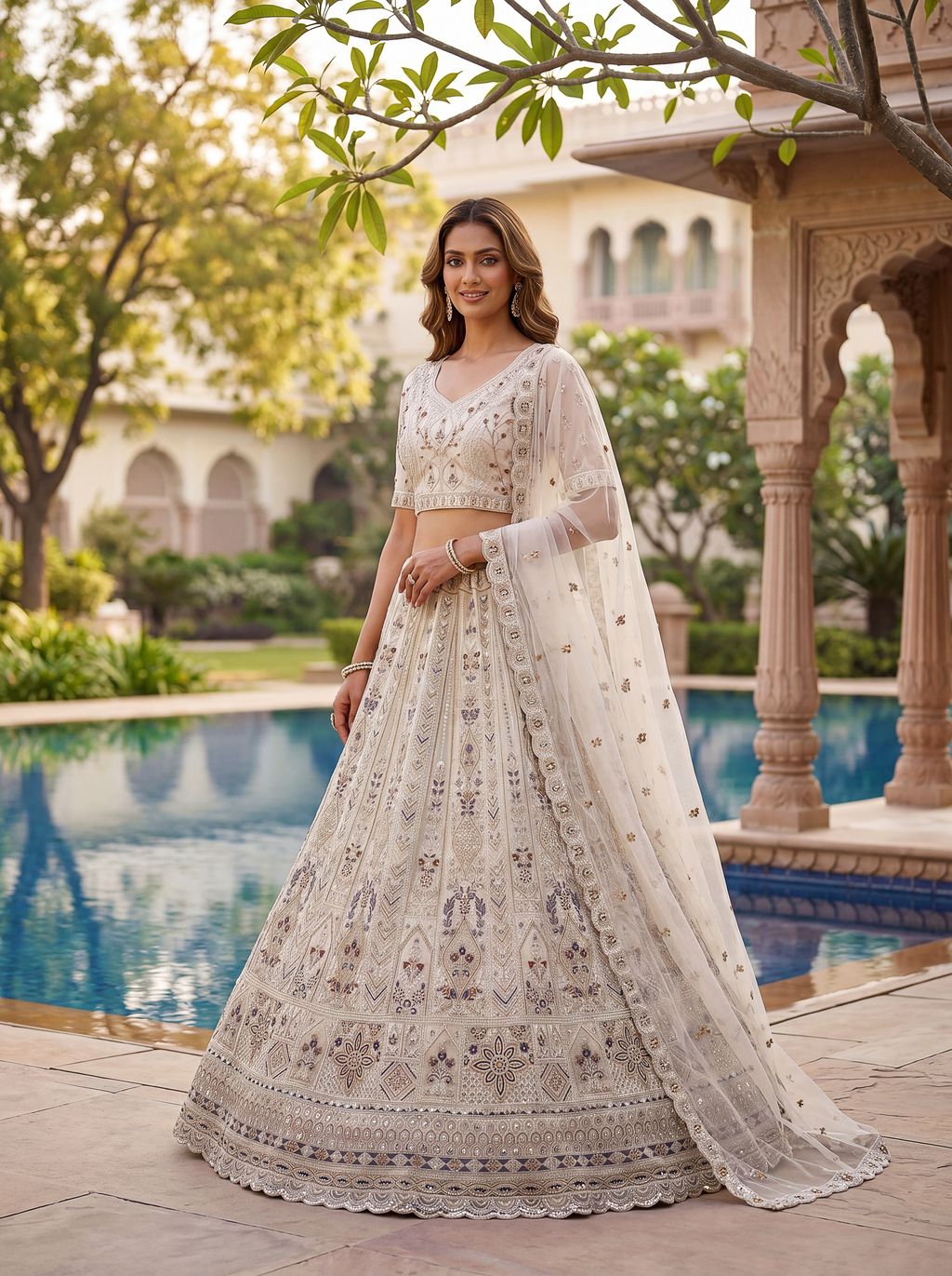 White Pure Soft Heavy Net Fancy Embroidery Work Bridal Lehenga Choli