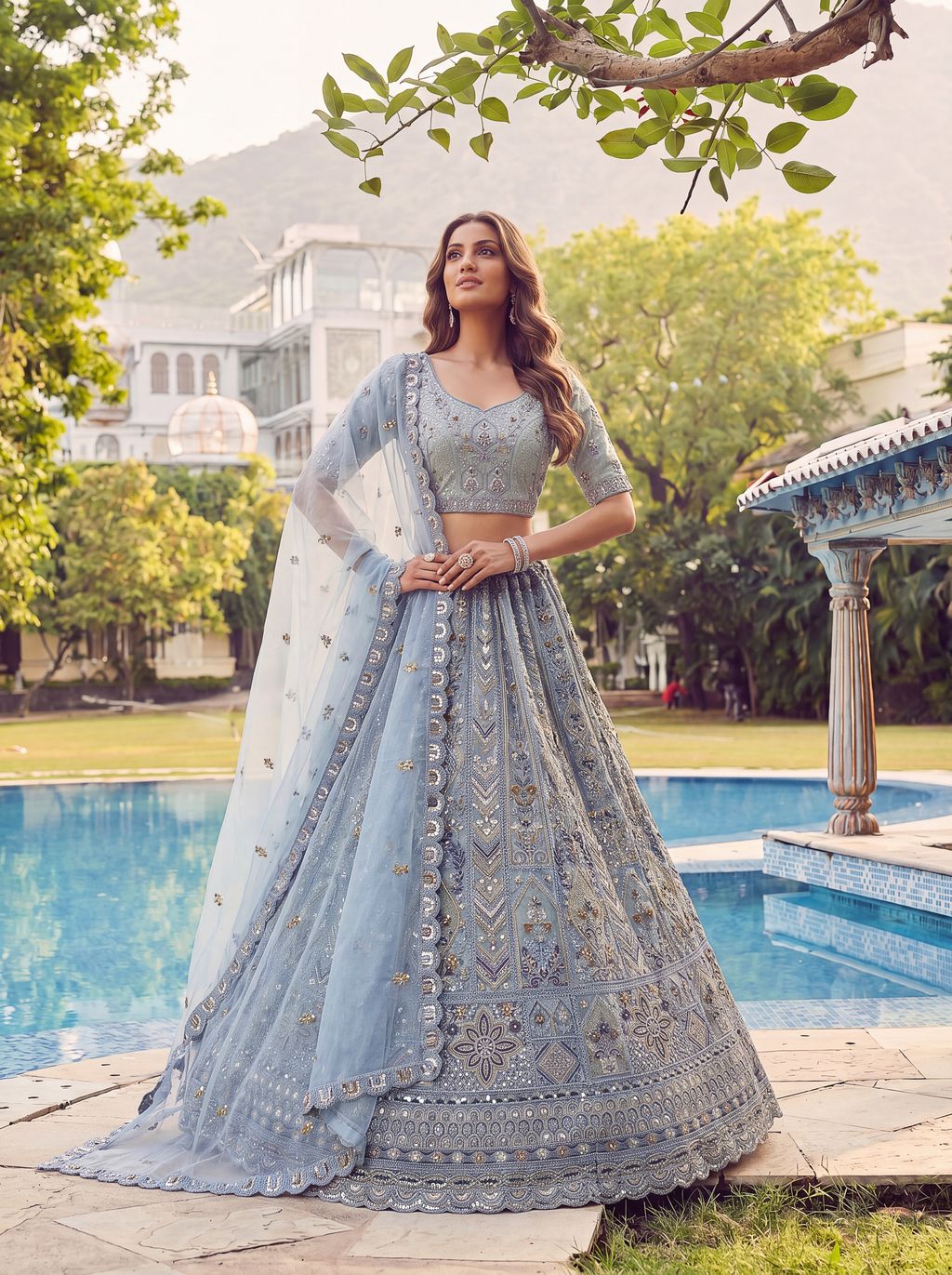 Sky Pure Soft Heavy Net Fancy Embroidery Work Bridal Lehenga Choli