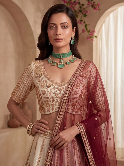 Off White Pure Soft Heavy Net Sequins Embroidery Work Bridal Lehenga Choli 